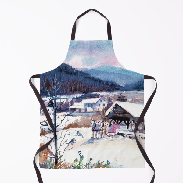 Item preview, Snowy Countryside watercolor by Laura Rispoli sunset painting art country small village town designed and sold by Laura-Rispoli.