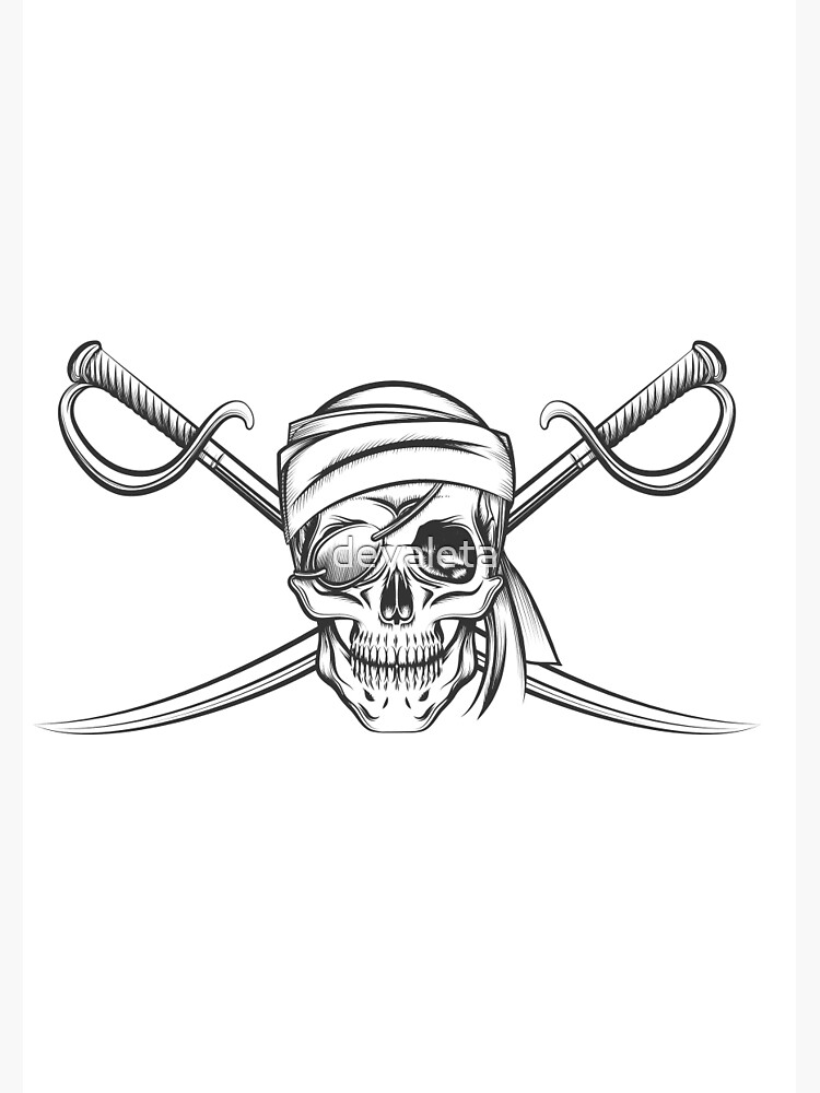 T-shirt or poster design with illustration of pirate theme: pirate skull,  two swords and ribbon Stock Vector