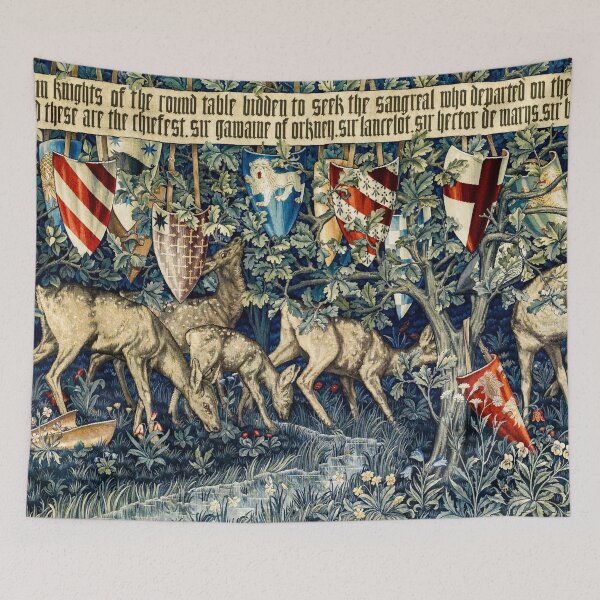 Item preview, Quest for the Holy Grail Tapestries - Verdure with Deer and Shields (1900) by William Morris, Edward Burne-Jones and John Henry Dearle designed and sold by amrmab.