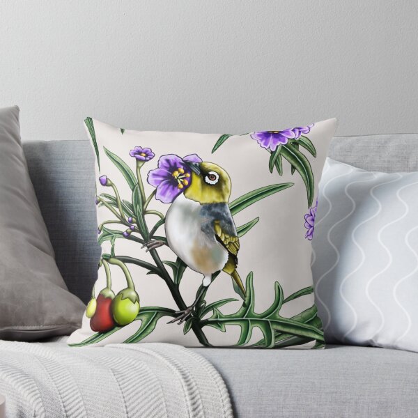 Silver Eye in Kangaroo Apple #2 by Australian artist Laural Retz Throw Pillow