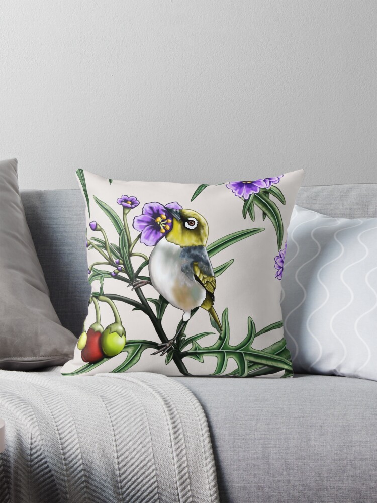Thumbnail 1 of 4, Pillow, Silver Eye in Kangaroo Apple #2 by Australian artist Laural Retz designed and sold by lauralretz.