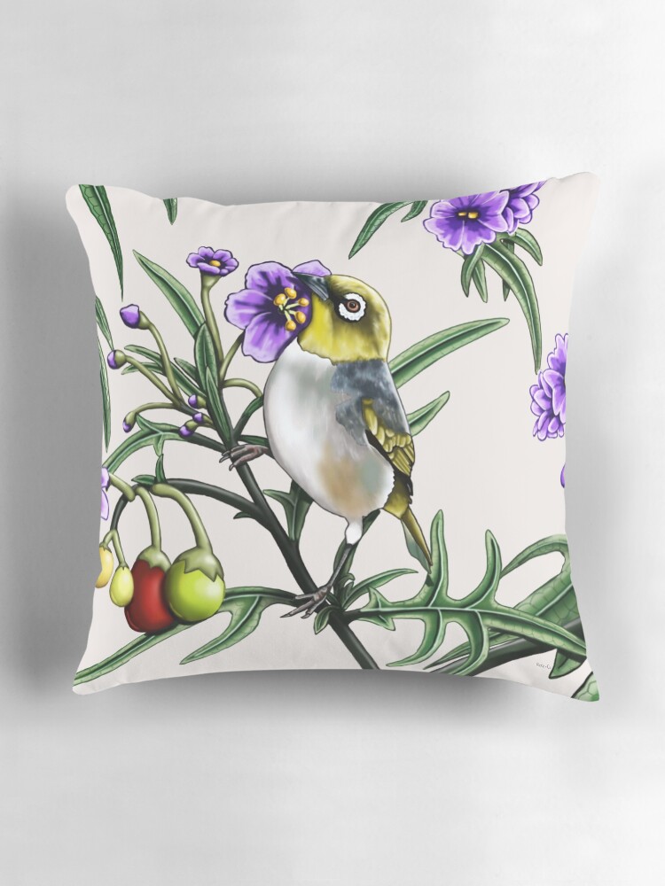 Thumbnail 3 of 4, Pillow, Silver Eye in Kangaroo Apple #2 by Australian artist Laural Retz designed and sold by lauralretz.