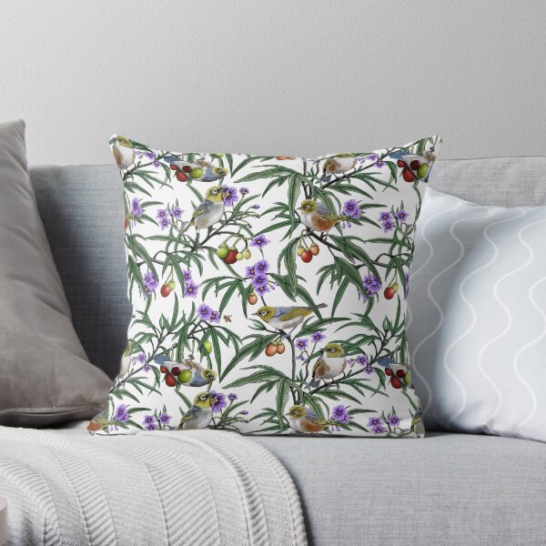 Silver Eye in Kangaroo Apple Repeated Pattern by Australian artist Laural Retz Throw Pillow