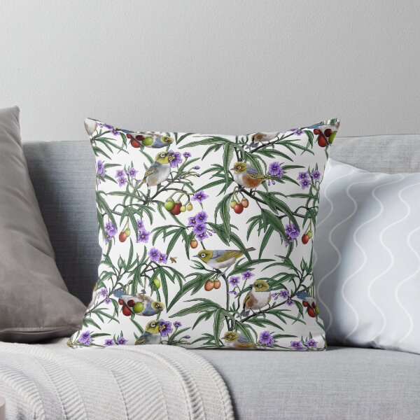 Silver Eye in Kangaroo Apple Repeated Pattern by Australian artist Laural Retz Throw Pillow