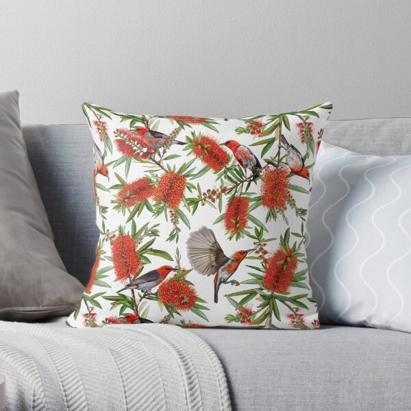 Scarlet Honeyeaters in Callistemon by Australian artist Laural Retz Throw Pillow
