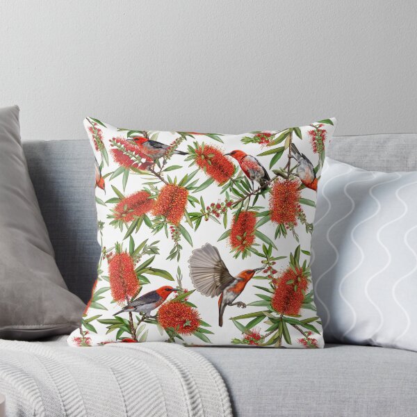 Scarlet Honeyeaters in Callistemon by Australian artist Laural Retz Throw Pillow
