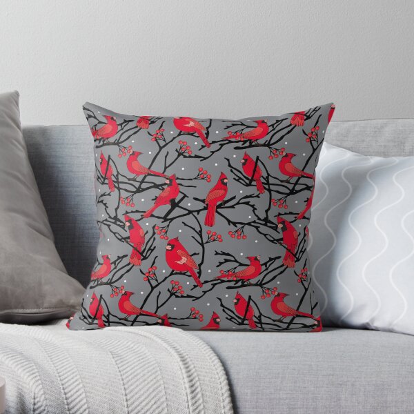 Red Cardinals Winter Berries and Branches Pattern Throw Pillow