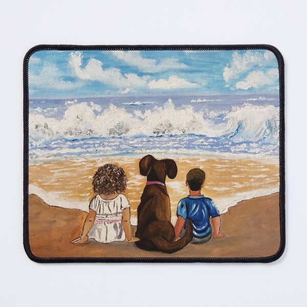 Item preview, Oil painting of kids sitting with a dog on a beach on a fine sunny day designed and sold by Abha-Hues.