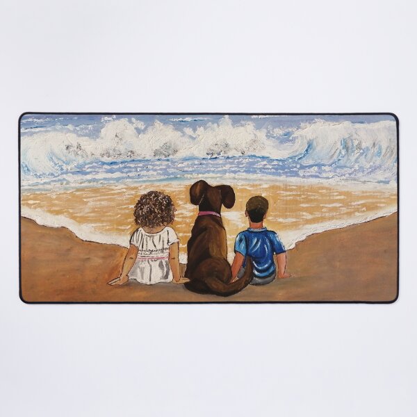 Item preview, Oil painting of kids sitting with a dog on a beach on a fine sunny day designed and sold by Abha-Hues.