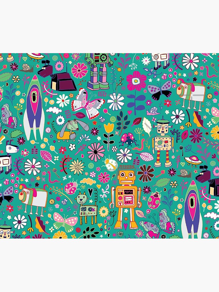 Electric Dreams - pink and turquoise - floral robot fun pattern by Cecca Designs by Cecca-Designs