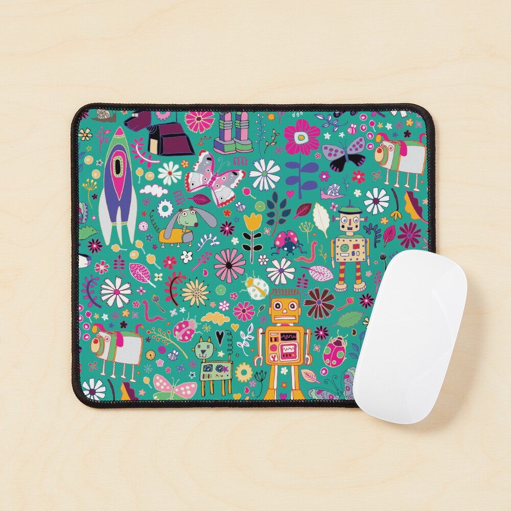 Electric Dreams - pink and turquoise - floral robot fun pattern by Cecca Designs Mouse Pad