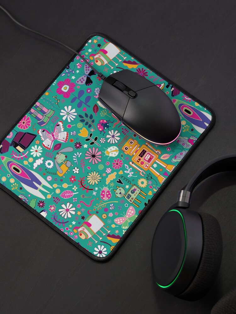 Alternate view of Electric Dreams - pink and turquoise - floral robot fun pattern by Cecca Designs Mouse Pad
