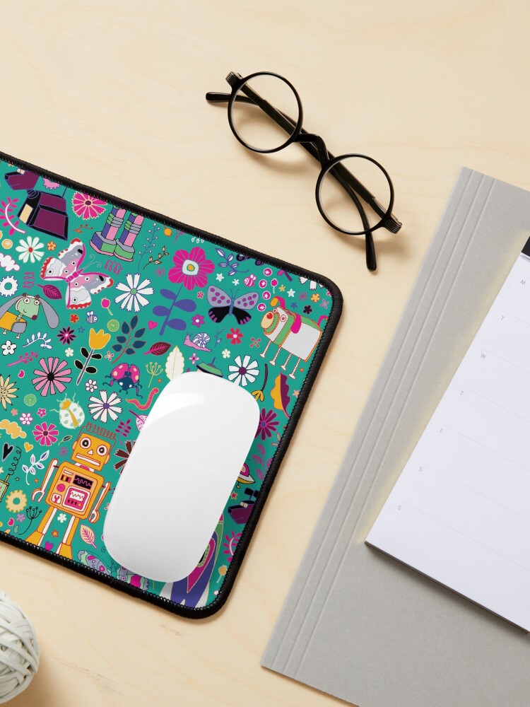 Alternate view of Electric Dreams - pink and turquoise - floral robot fun pattern by Cecca Designs Mouse Pad