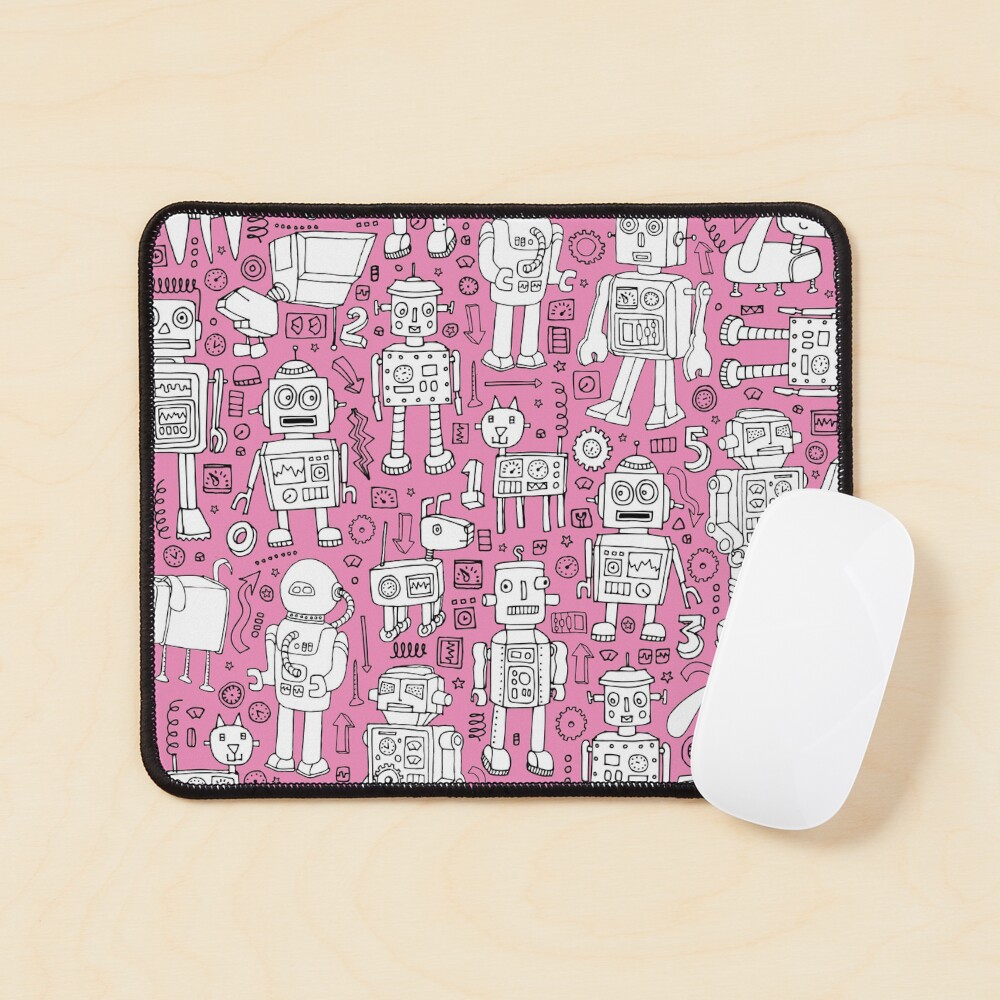 Robot Pattern - pink and white - fun pattern by Cecca designs Mouse Pad