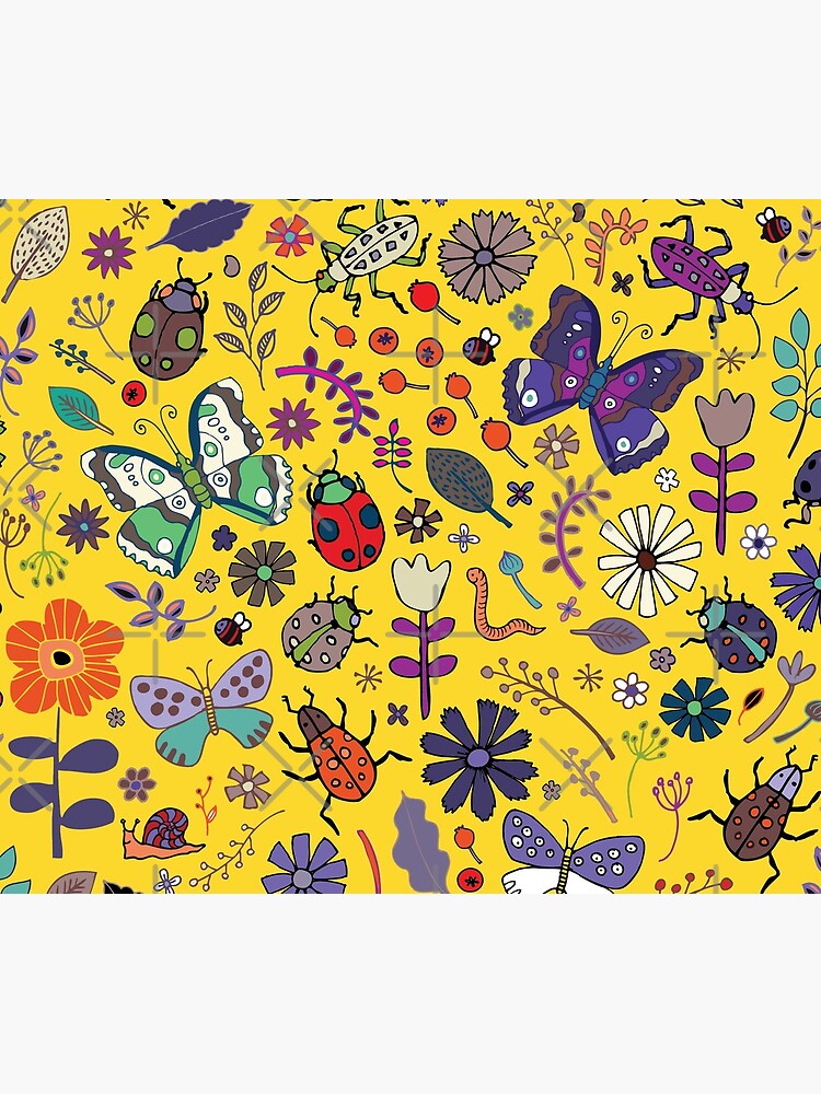 Butterflies, beetles and blooms - Yellow - pretty floral pattern by Cecca Designs by Cecca-Designs