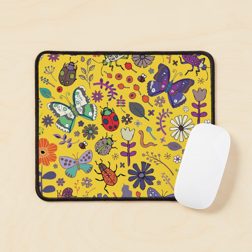 Butterflies, beetles and blooms - Yellow - pretty floral pattern by Cecca Designs Mouse Pad