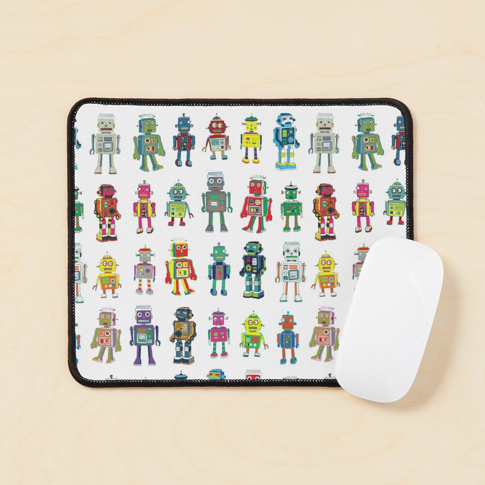 Robot Line-up on White - fun pattern by Cecca Designs Mouse Pad