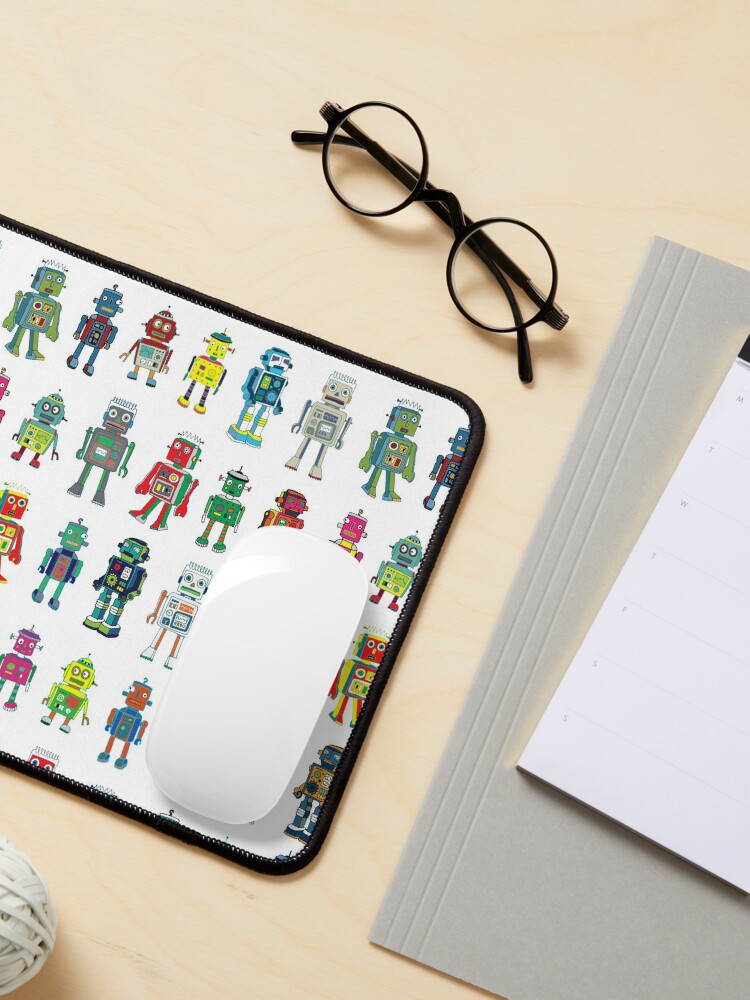Alternate view of Robot Line-up on White - fun pattern by Cecca Designs Mouse Pad