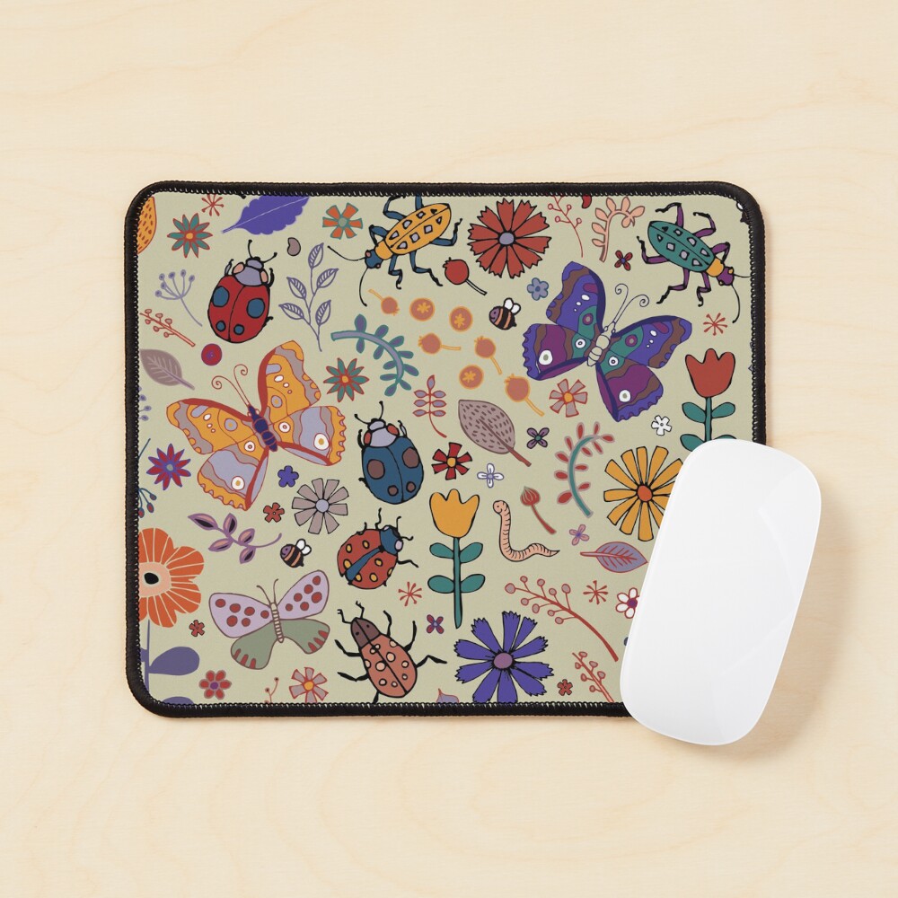 Butterflies, Beetles and blooms - taupe - pretty floral pattern by Cecca Designs Mouse Pad