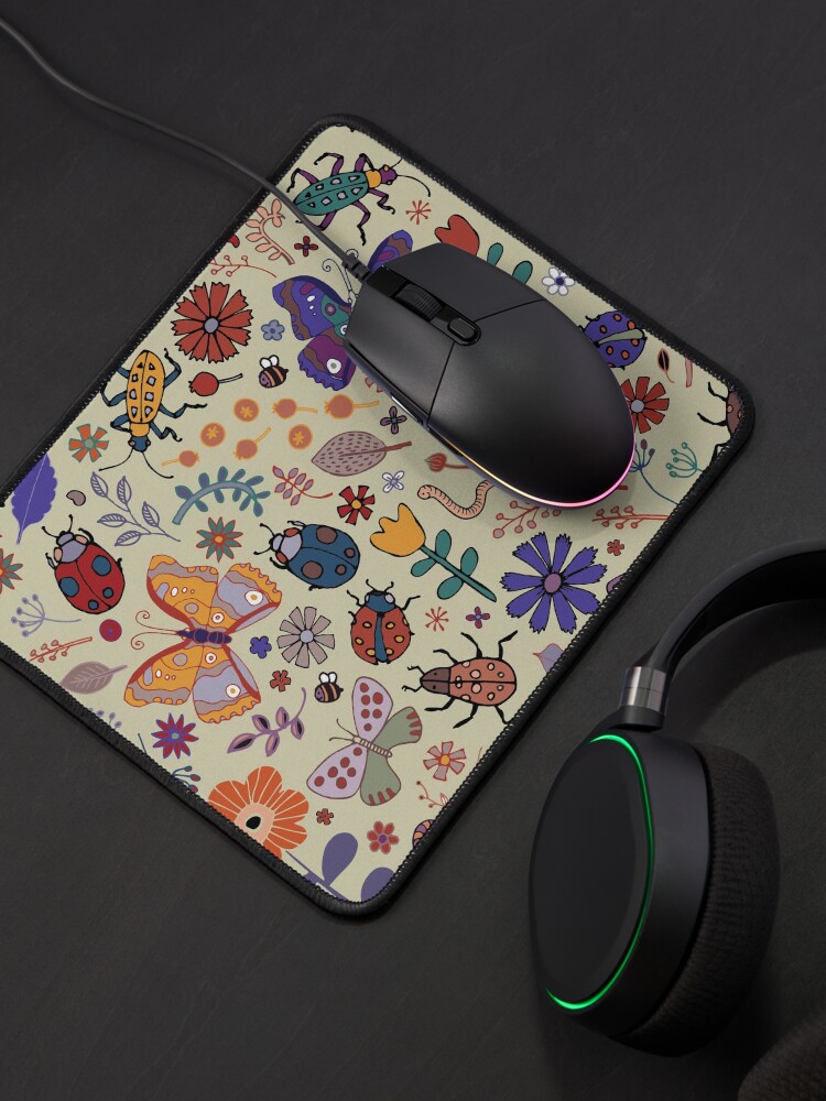 Alternate view of Butterflies, Beetles and blooms - taupe - pretty floral pattern by Cecca Designs Mouse Pad