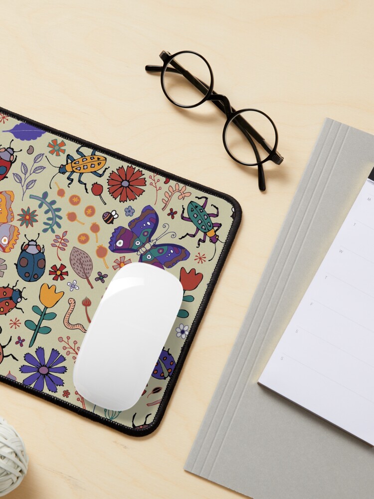 Alternate view of Butterflies, Beetles and blooms - taupe - pretty floral pattern by Cecca Designs Mouse Pad