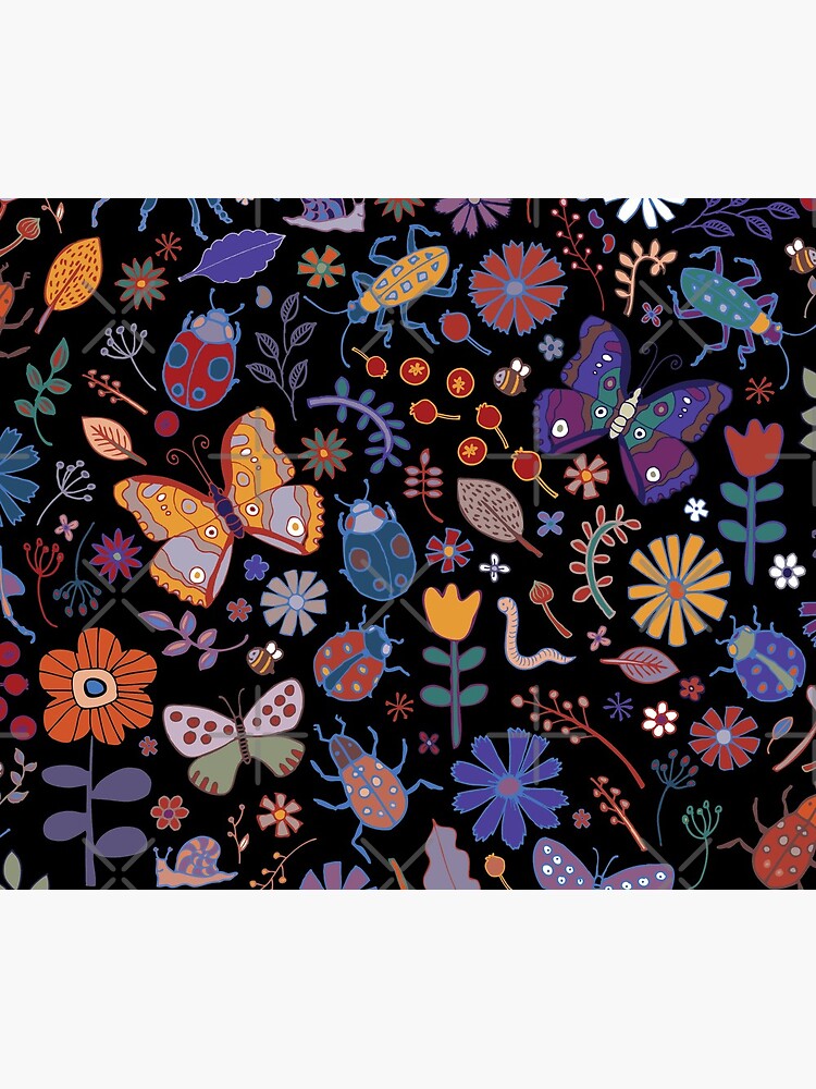 Butterflies, beetles and blooms - black - pretty floral pattern by Cecca Designs by Cecca-Designs