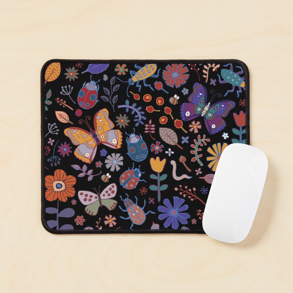 Butterflies, beetles and blooms - black - pretty floral pattern by Cecca Designs Mouse Pad
