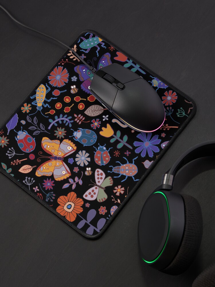 Alternate view of Butterflies, beetles and blooms - black - pretty floral pattern by Cecca Designs Mouse Pad