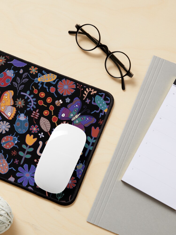 Alternate view of Butterflies, beetles and blooms - black - pretty floral pattern by Cecca Designs Mouse Pad
