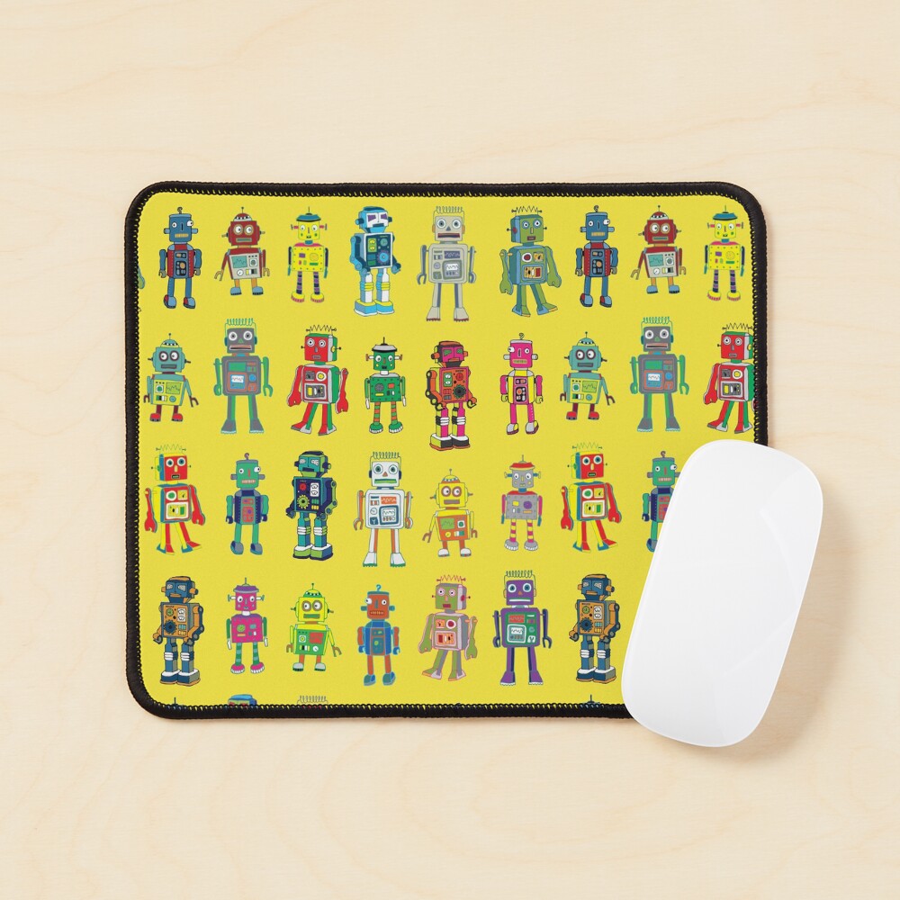 Robot Line-up on Yellow - fun pattern by Cecca Designs Mouse Pad