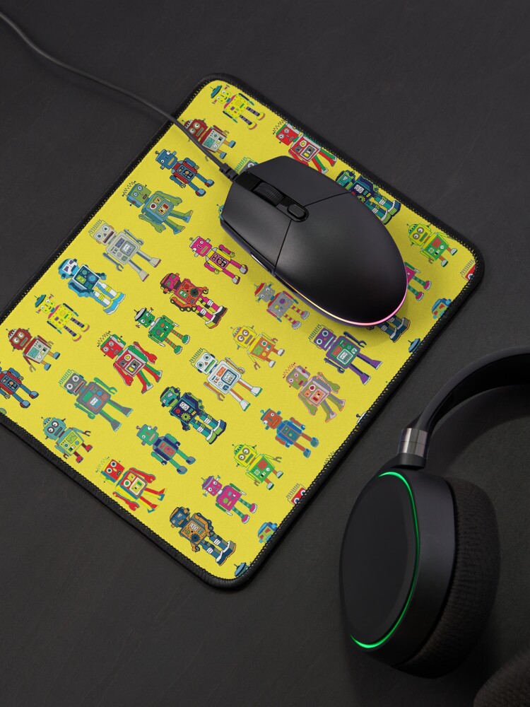 Alternate view of Robot Line-up on Yellow - fun pattern by Cecca Designs Mouse Pad