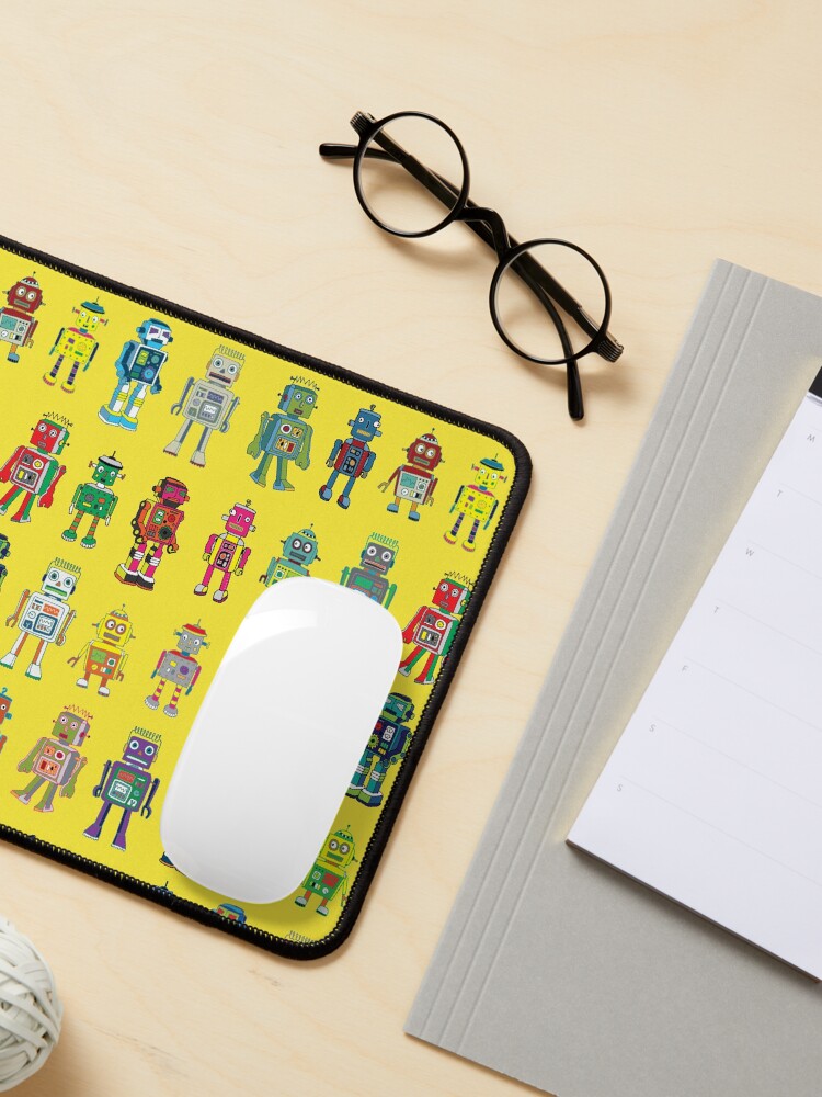 Alternate view of Robot Line-up on Yellow - fun pattern by Cecca Designs Mouse Pad