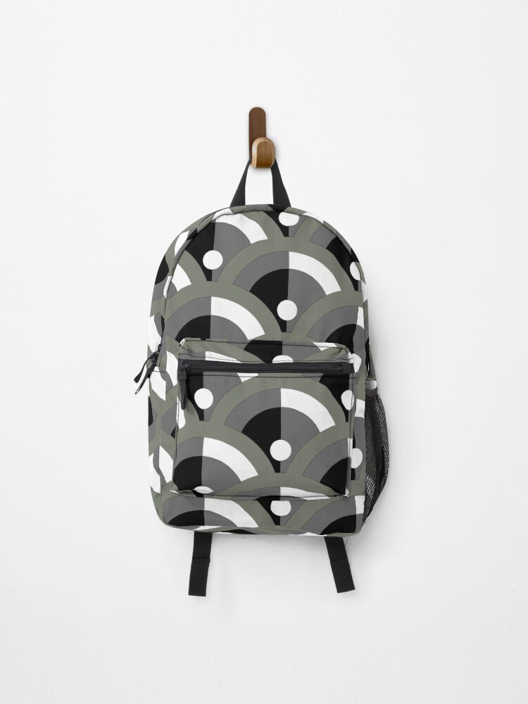 Thumbnail 1 von 3, Rucksack, Olive Green Gray Black White Retro Scallop Pattern Pairs Dutch Boy 2022 Popular Color Wild Basil 424-5DB - Colour Trends - Trending Hues designt und verkauft von ColorOfTheYears.