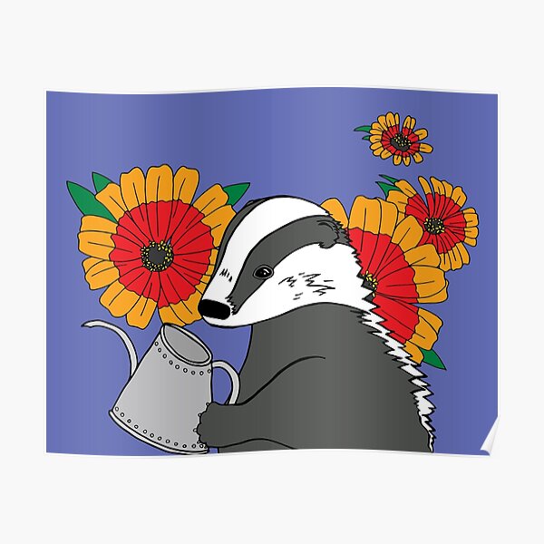 Badger With Fall Flowers and Watering Can Poster