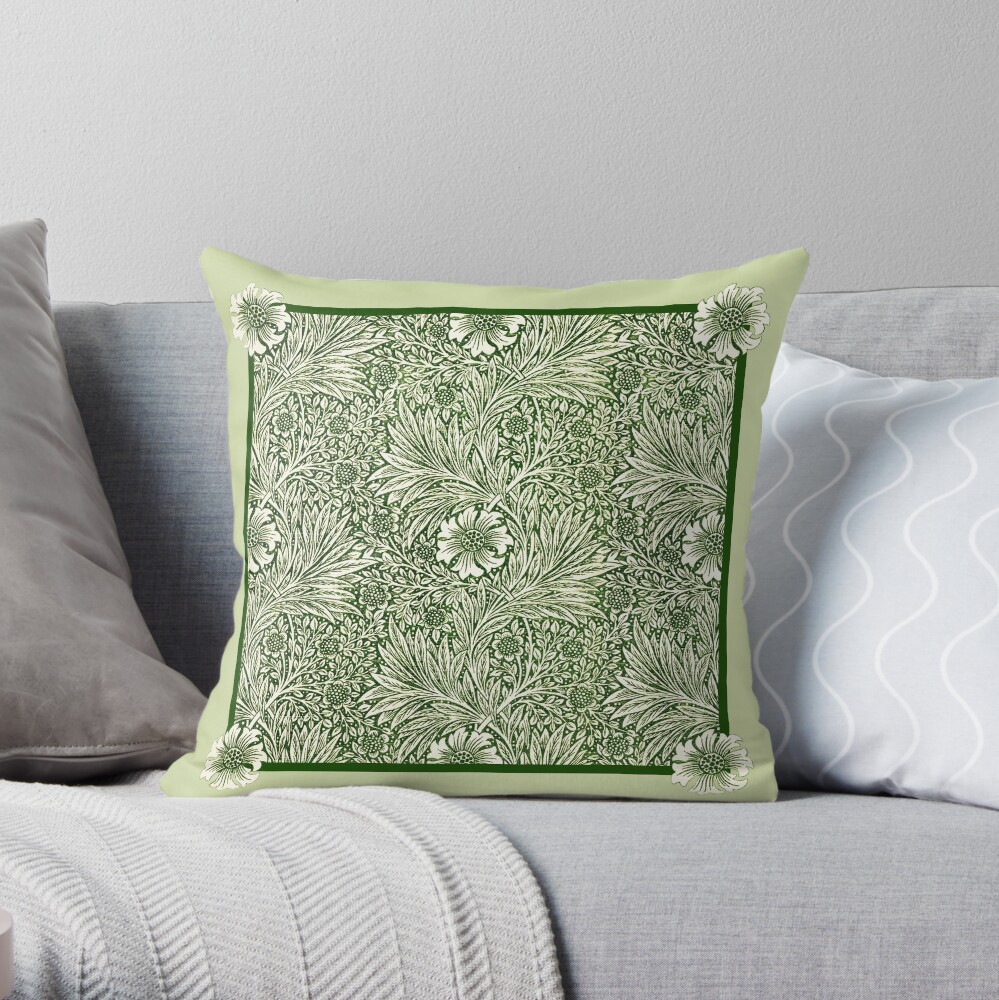 Green Marigolds flower pattern with border, (based on vintage art by William Morris) Throw Pillow