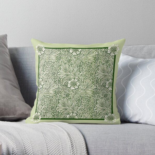 Green Marigolds flower pattern with border, (based on vintage art by William Morris) Throw Pillow