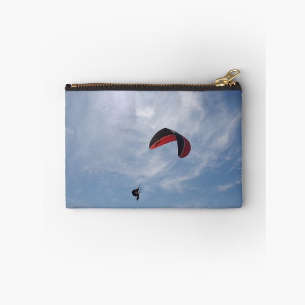 Item preview, Parascender, with the word 'Up" on red and black canopy, in mid flight, Brittany, France designed and sold by silverportpics.