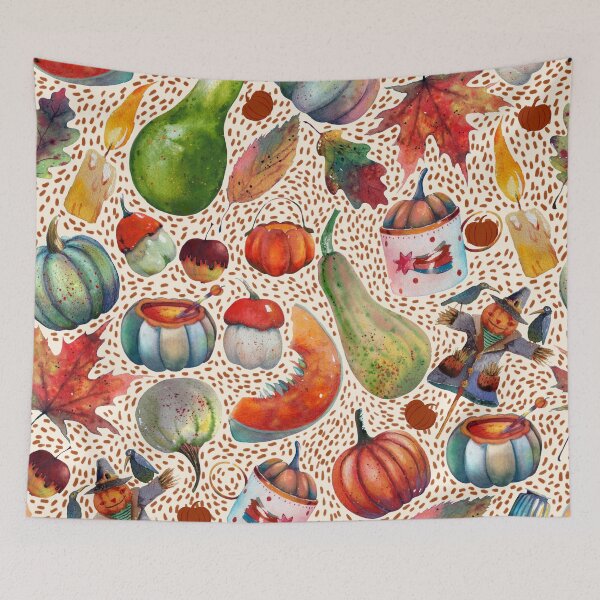 Item preview, Pumpkins, leaves, candles, apples, scarecrow. Hand drawn. Watercolor. designed and sold by zatmeniee.