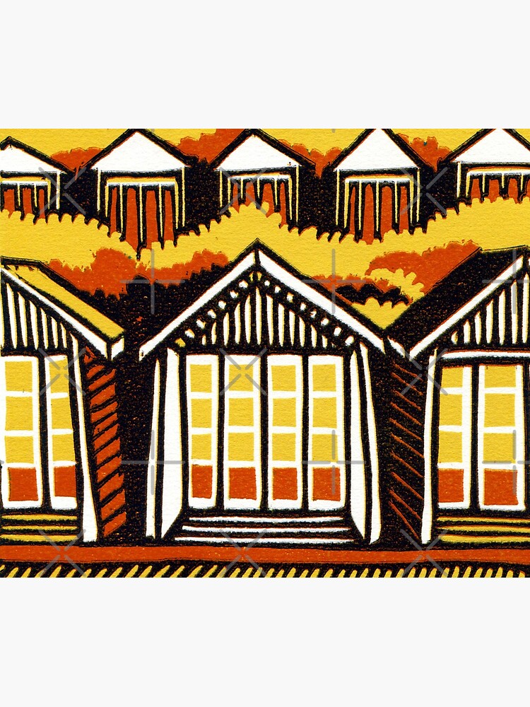 Beach Huts - Summer - Original Linocut by Francesca Whetnall by Cecca-Designs