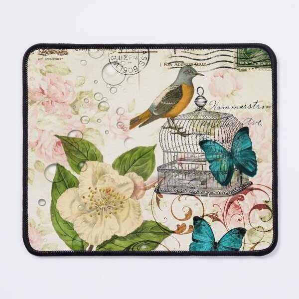 Item preview, spring teal butterfly french bird rose botanical floral designed and sold by LEILA ART SPACE.