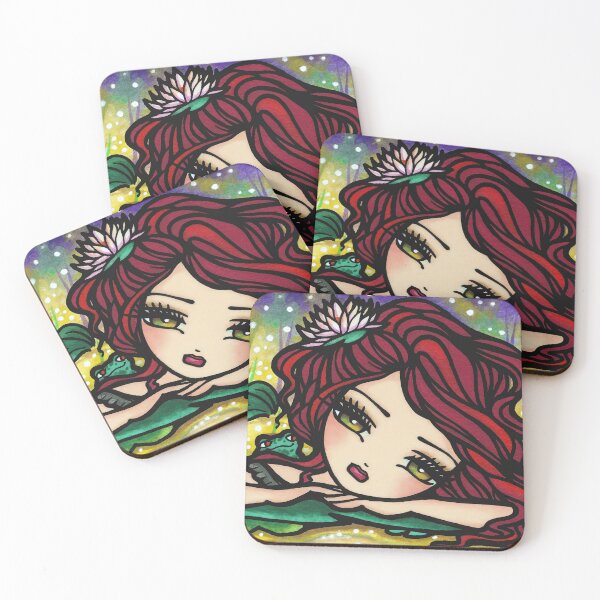 Item preview, Red Haired Mermaid in Whimsical Firefly Pond Fantasy Art designed and sold by hannahlynnart.