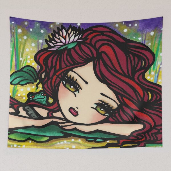 Item preview, Red Haired Mermaid in Whimsical Firefly Pond Fantasy Art designed and sold by hannahlynnart.