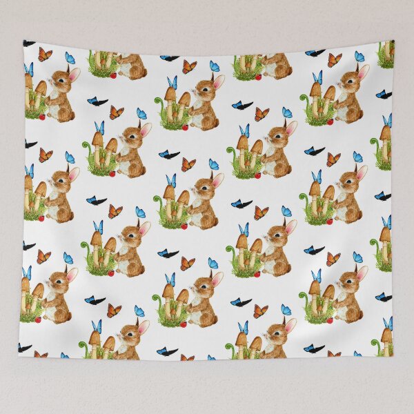 Item preview, Little brown bunny with butterflies and mushrooms designed and sold by SukoB34.