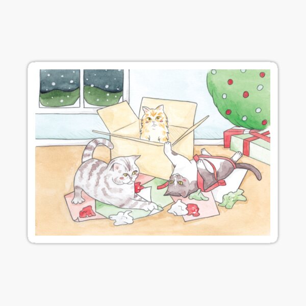 Christmas Cats // Watercolour illustration of cats playing with wrapping paper & boxes Sticker