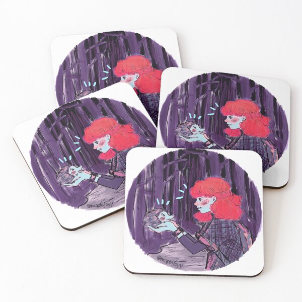 Item preview, Red haired girl (Maple) with a cute hedgehog (Muffin) in the forest at night designed and sold by maplejoyy.