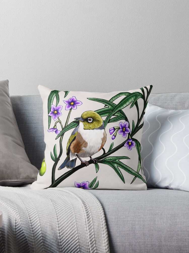 Thumbnail 1 of 4, Pillow, Silver Eye in Kangaroo Apple #1 by Australian artist Laural Retz designed and sold by lauralretz.