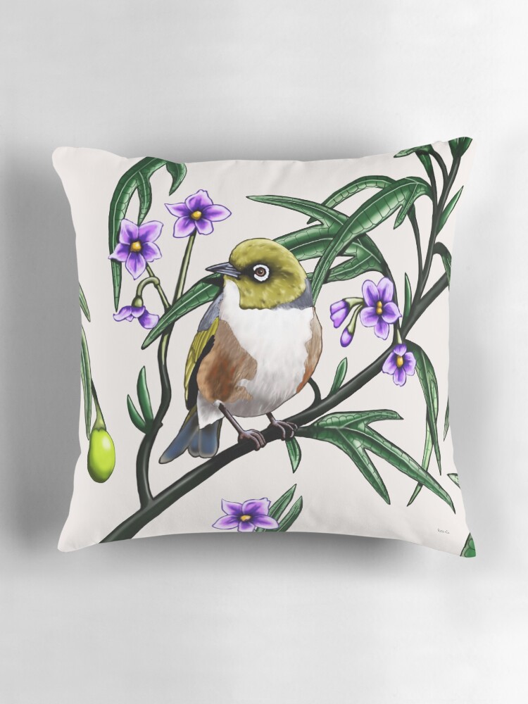 Thumbnail 3 of 4, Pillow, Silver Eye in Kangaroo Apple #1 by Australian artist Laural Retz designed and sold by lauralretz.