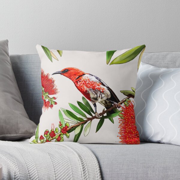 Scarlet Honeyeater in Callistemon #2 by Australian artist Laural Retz Throw Pillow