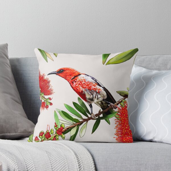 Scarlet Honeyeater in Callistemon #2 by Australian artist Laural Retz Throw Pillow