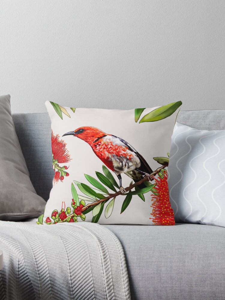 Thumbnail 1 of 4, Pillow, Scarlet Honeyeater in Callistemon #2 by Australian artist Laural Retz designed and sold by lauralretz.